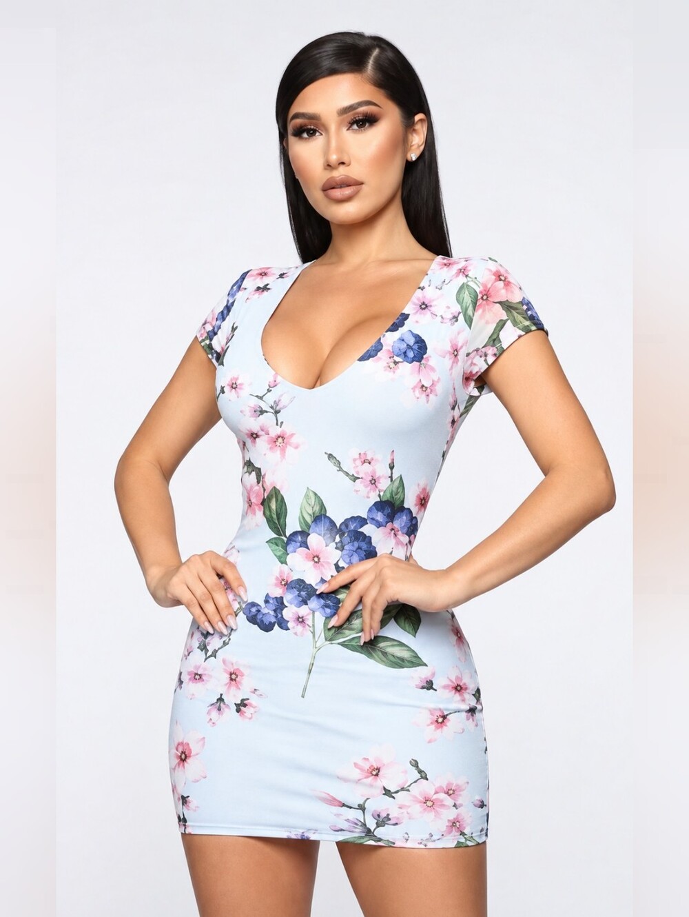 Fashion Nova Pastel Floral Scoop Neck Bodycon Dress - Light Blue & Pink